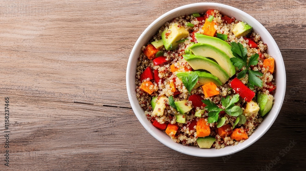 A vibrant quinoa salad topped with fresh avocado, vegetables, and herbs, served in a bowl on a wooden surface. A vibrant quinoa salad topped with fresh avocado, vegetables, and herbs, served in a bowl on a wooden surface.