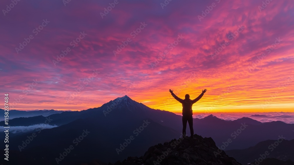 A silhouette of a person stands triumphantly on a mountain, surrounded by vibrant hues of a sunset sky. A silhouette of a person stands triumphantly on a mountain, surrounded by vibrant hues of a sunset sky.