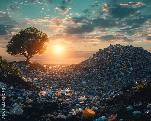 Plasticfilled world, Earth choked by garbage, overflowing landfills, plastic waste covering forests and seas, wildlife in danger, polluted sky, environmental apocalypse photo