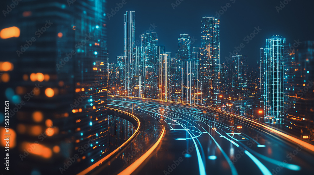 Naklejka premium Smart digital Innovation city with connection network reciprocity over the cityscape. of future smart wireless digital city and social media networking systems that connects people with in city