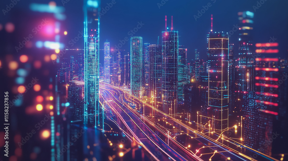 Smart digital Innovation city with connection network reciprocity over the cityscape. of future smart wireless digital city and social media networking systems that connects people with in city