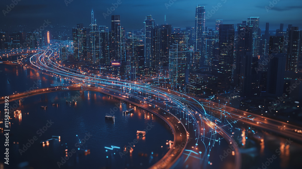 Fototapeta premium Smart digital Innovation city with connection network reciprocity over the cityscape. of future smart wireless digital city and social media networking systems that connects people with in city