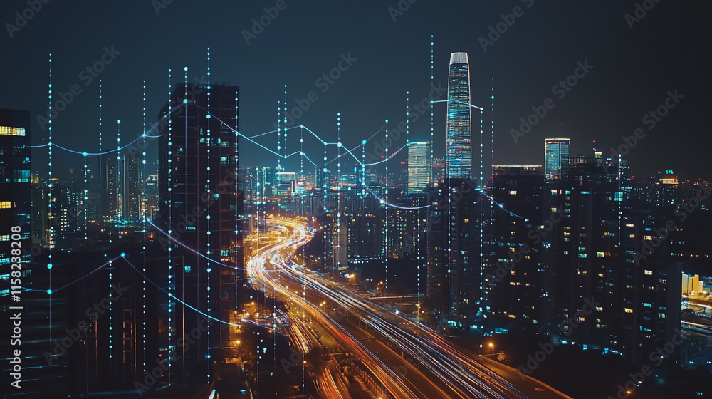 Smart digital Innovation city with connection network reciprocity over the cityscape. of future smart wireless digital city and social media networking systems that connects people with in city Smart digital Innovation city with connection network reciprocity over the cityscape. of future smart wireless digital city and social media networking systems that connects people with in city