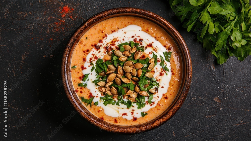 A vibrant bowl of creamy dip topped with herbs, seeds, and spices, served against a dark background, showcasing a delicious appetizer. A vibrant bowl of creamy dip topped with herbs, seeds, and spices, served against a dark background, showcasing a delicious appetizer.