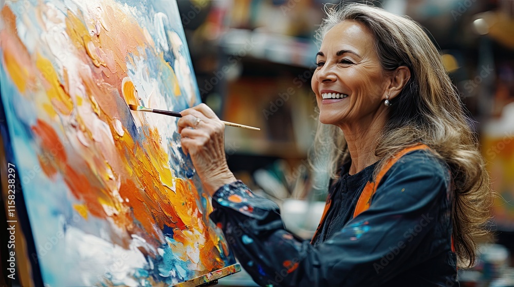 Obraz premium A cheerful woman is painting on canvas using a brush and paints.