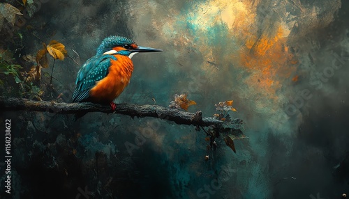 Beautiful and colorful kingfisher bird perched on a branch, vibrant plumage in shades of blue, orange, and green, surrounded by a tranquil river, nature photography, digital art photo