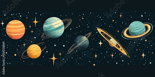 A colorful depiction of planets in space with stars, showcasing a cosmic theme.
