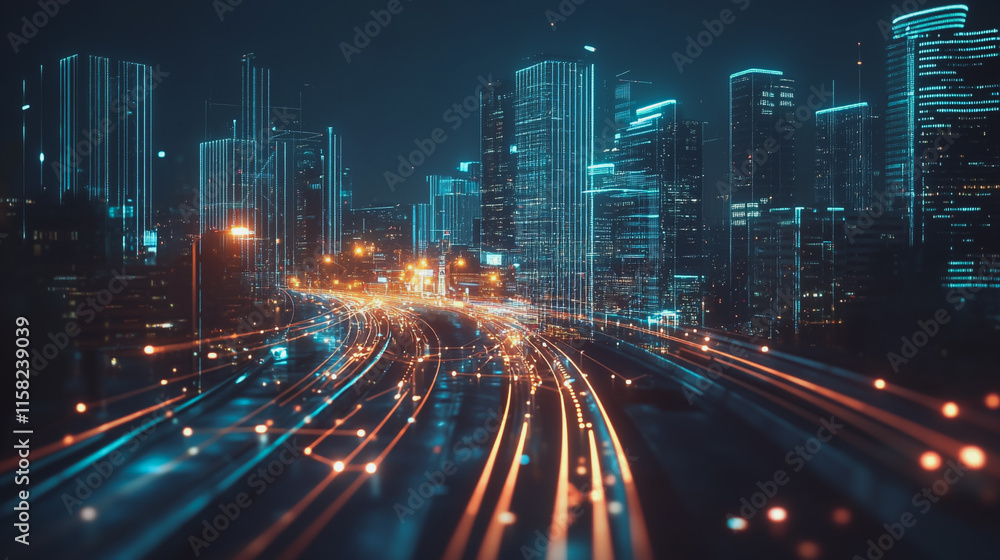 Smart Innovation city with connection cyber security network reciprocity over the night cityscape future wireless digital city and social media networking systems that connects people in the city Smart Innovation city with connection cyber security network reciprocity over the night cityscape future wireless digital city and social media networking systems that connects people in the city