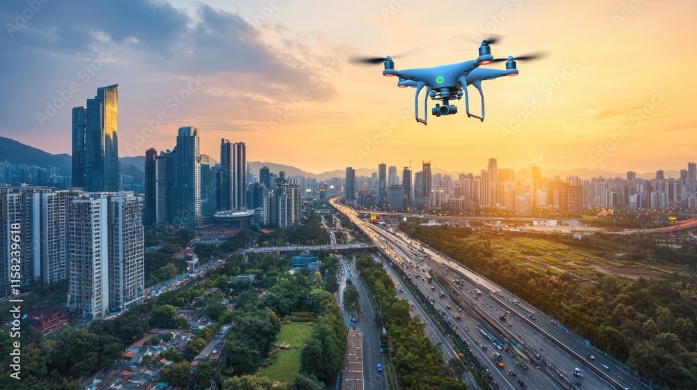 A drone captures a panoramic view of a cityscape during sunset.