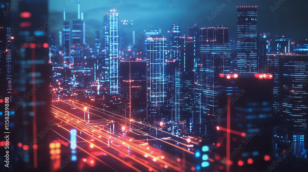 Smart Innovation city with connection cyber security network reciprocity over the night cityscape future wireless digital city and social media networking systems that connects people in the city Smart Innovation city with connection cyber security network reciprocity over the night cityscape future wireless digital city and social media networking systems that connects people in the city