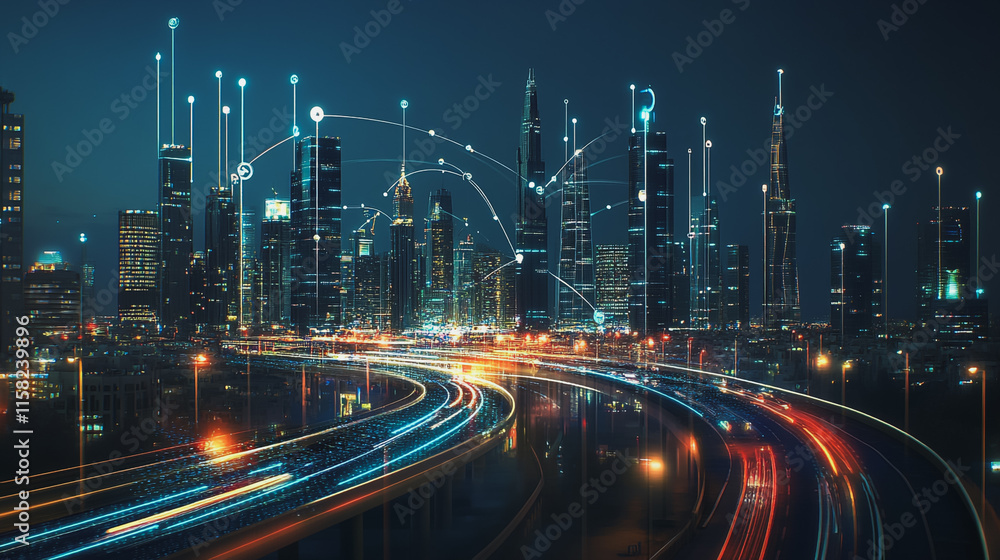 Smart Innovation city with connection cyber security network reciprocity over the night cityscape future wireless digital city and social media networking systems that connects people in the city Smart Innovation city with connection cyber security network reciprocity over the night cityscape future wireless digital city and social media networking systems that connects people in the city