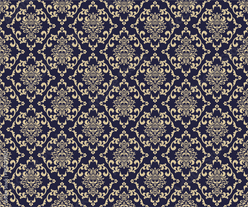 Floral pattern. Wallpaper baroque, damask. Seamless background. Gold and black blue ornament