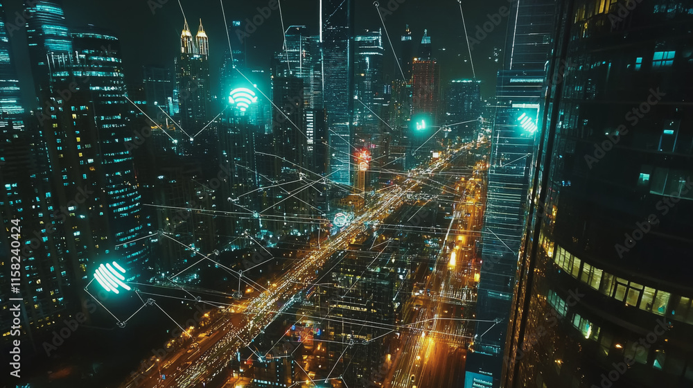 Smart Innovation city with connection cyber security network reciprocity over the night cityscape future wireless digital city and social media networking systems that connects people in the city Smart Innovation city with connection cyber security network reciprocity over the night cityscape future wireless digital city and social media networking systems that connects people in the city