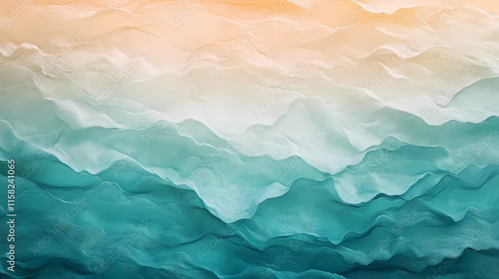 Obraz premium Abstract Mountain Ranges: A mesmerizing abstract painting evokes a sense of serene beauty and grandeur with its ethereal layers of teal, white, and orange hues. The fluid.