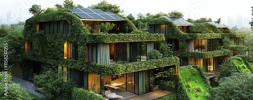 Sustainable green building design, ecofriendly architecture, solar panels on rooftops, energyefficient windows, green walls, natural landscaping, modern and innovative, digital art photo