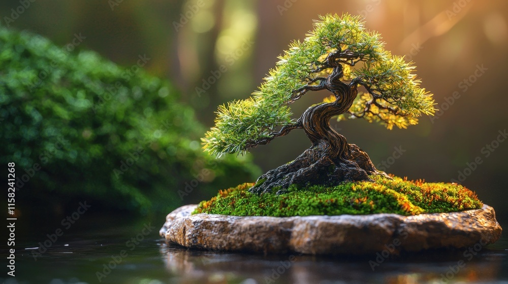 Fototapeta premium A serene bonsai tree on a moss-covered stone in a tranquil water setting.