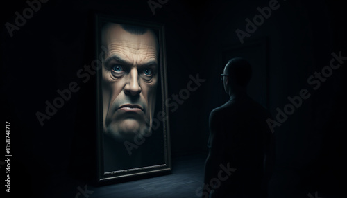  A depiction of a human figure standing in a dark, isolated room, captivated by a distorted reflection of their own face in a large mirror, symbolizing the egoistic mind, arrogance, self-obsession photo