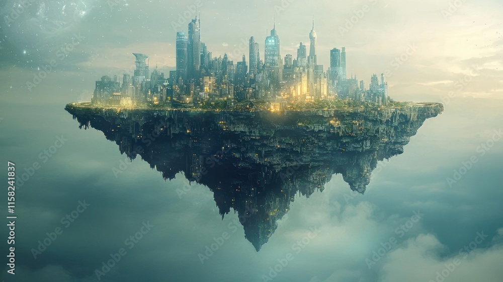 A floating futuristic city above the clouds, illuminated and surrounded by a serene atmosphere. A floating futuristic city above the clouds, illuminated and surrounded by a serene atmosphere.