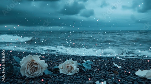 A serene beach scene featuring roses and gentle waves under a moody sky.