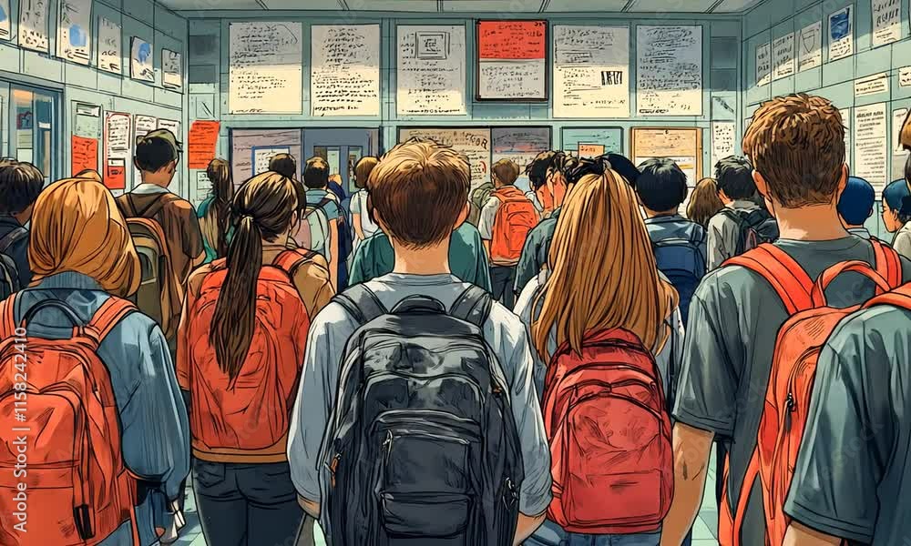 A group of students in a hallway, engaged in conversation and surrounded by posters. A group of students in a hallway, engaged in conversation and surrounded by posters.