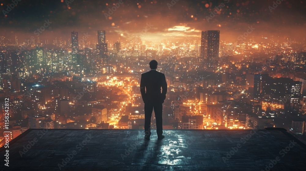 A silhouetted figure gazes over a vibrant, illuminated cityscape at dusk. A silhouetted figure gazes over a vibrant, illuminated cityscape at dusk.