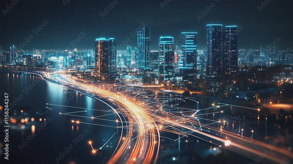 Smart Innovation city with connection cyber security network reciprocity over the night cityscape future wireless digital city and social media networking systems that connects people in the city Smart Innovation city with connection cyber security network reciprocity over the night cityscape future wireless digital city and social media networking systems that connects people in the city