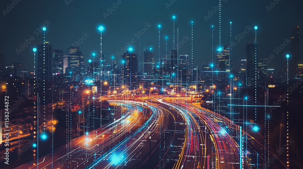 Smart Innovation city with connection cyber security network reciprocity over the night cityscape future wireless digital city and social media networking systems that connects people in the city Smart Innovation city with connection cyber security network reciprocity over the night cityscape future wireless digital city and social media networking systems that connects people in the city
