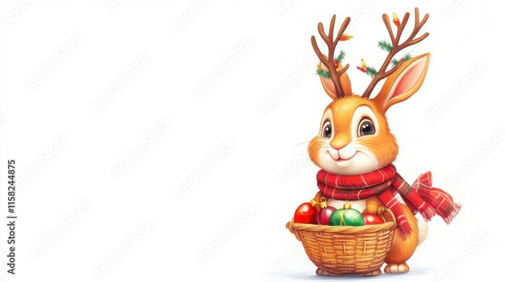 Naklejka premium Cheerful Rabbit with Antlers and Basket of Ornaments