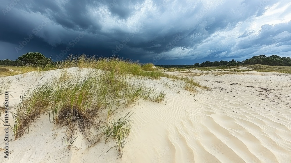 Dramatic storm clouds over coastal sand dunes with windswept grasses. Dramatic storm clouds over coastal sand dunes with windswept grasses.