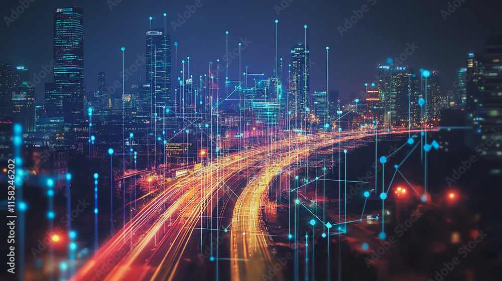 Smart Innovation city with connection cyber security network reciprocity over the night cityscape future wireless digital city and social media networking systems that connects people in the city Smart Innovation city with connection cyber security network reciprocity over the night cityscape future wireless digital city and social media networking systems that connects people in the city