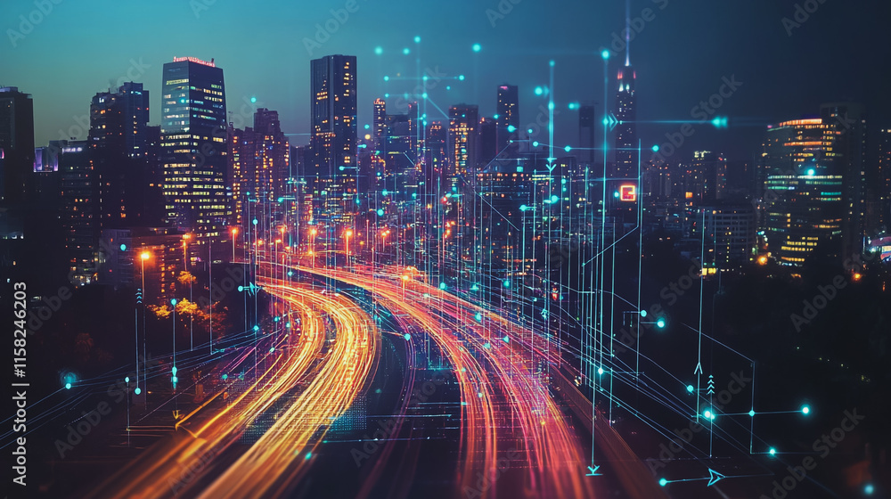 Fototapeta premium Smart Innovation city with connection cyber security network reciprocity over the night cityscape future wireless digital city and social media networking systems that connects people in the city