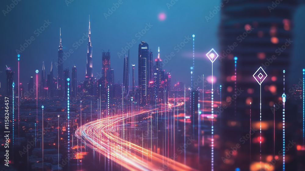 Fototapeta premium Smart Innovation city with connection cyber security network reciprocity over the night cityscape future wireless digital city and social media networking systems that connects people in the city