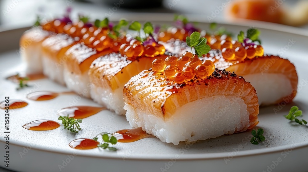 Unagi sushi served on minimalist white plate with artistic drizzle. Unagi sushi served on minimalist white plate with artistic drizzle.