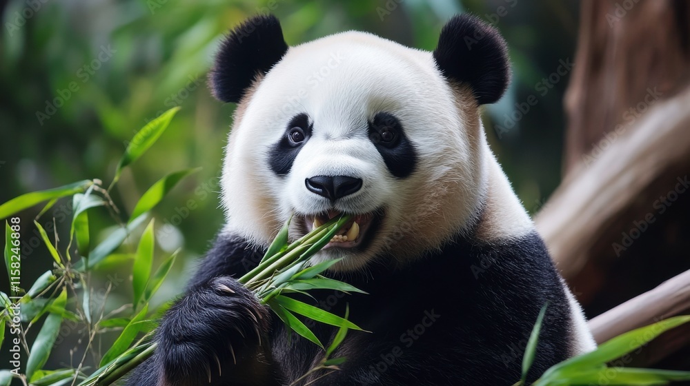 Giant Panda Munching on Bamboo Against White Background Giant Panda Munching on Bamboo Against White Background
