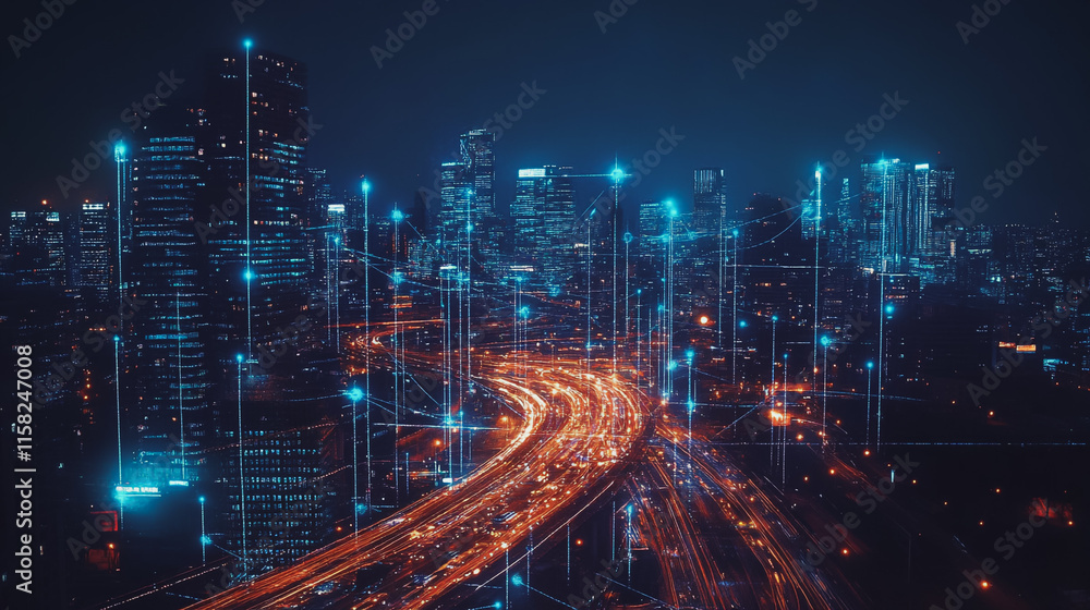 Smart Innovation city with connection cyber security network reciprocity over the night cityscape future wireless digital city and social media networking systems that connects people in the city Smart Innovation city with connection cyber security network reciprocity over the night cityscape future wireless digital city and social media networking systems that connects people in the city