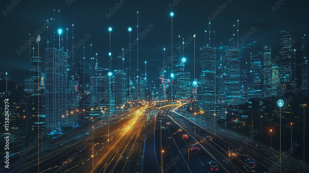 Smart Innovation city with connection cyber security network reciprocity over the night cityscape future wireless digital city and social media networking systems that connects people in the city Smart Innovation city with connection cyber security network reciprocity over the night cityscape future wireless digital city and social media networking systems that connects people in the city