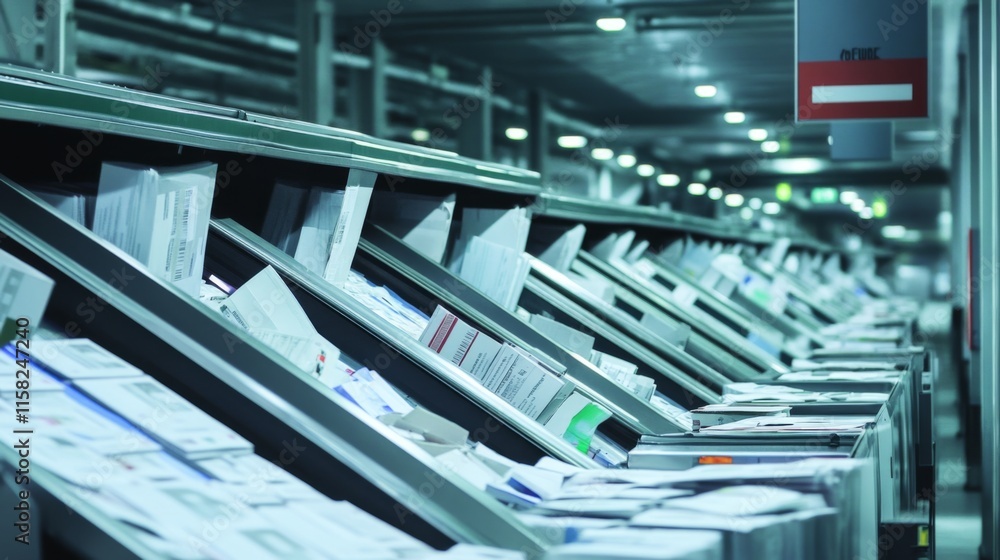 Mail sorting facility with automated machinery efficiently processing and organizing large volumes of mail, showcasing the importance of technology in modern logistics and postal services. Mail sorting facility with automated machinery efficiently processing and organizing large volumes of mail, showcasing the importance of technology in modern logistics and postal services.