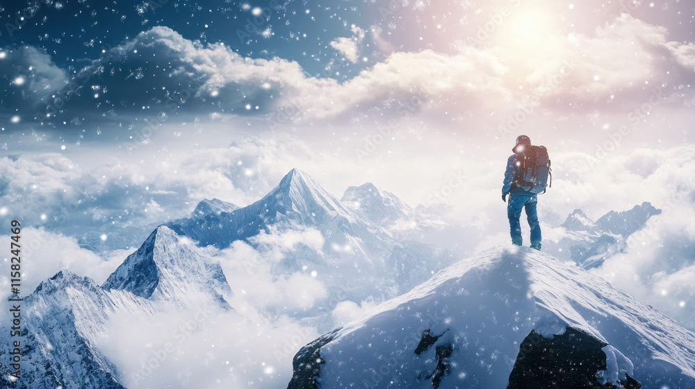 A person with a backpack standing on the top of a snowy mountain peak A person with a backpack standing on the top of a snowy mountain peak