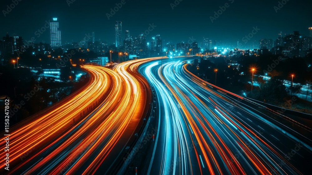 Night City Highway Light Trails Cityscape Night City Highway Light Trails Cityscape