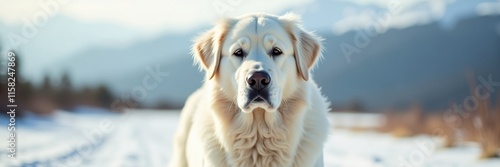 Majestic Great Pyrenees stands against the backdrop of a snowy mountain landscape serene and beautiful capturing the grace and power of the breed