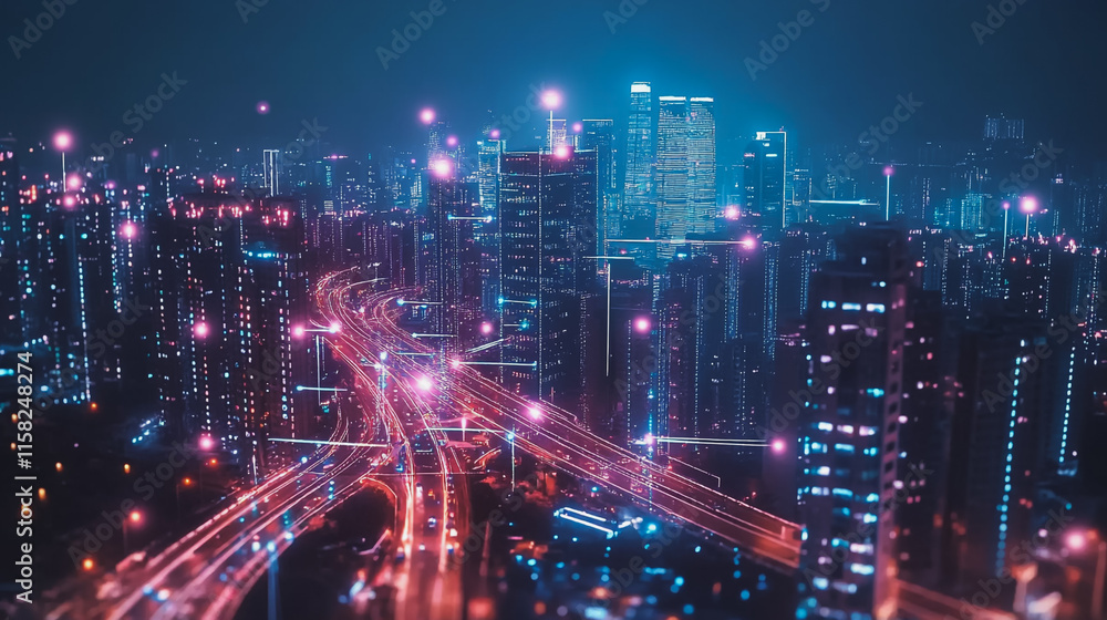 Smart Innovation city with connection cyber security network reciprocity over the night cityscape future wireless digital city and social media networking systems that connects people in the city