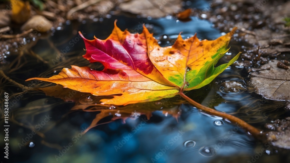 A leaf melting like wax into a vibrantly colored pond A leaf melting like wax into a vibrantly colored pond