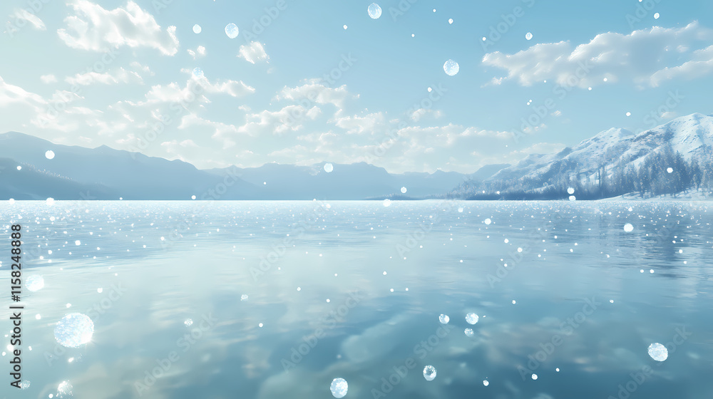 Fototapeta premium Winter Wonderland Lake: Serene winter landscape, snow falling gently over a pristine lake reflecting a majestic mountain range under a bright winter sky. A breathtaking scene of peaceful beauty. 