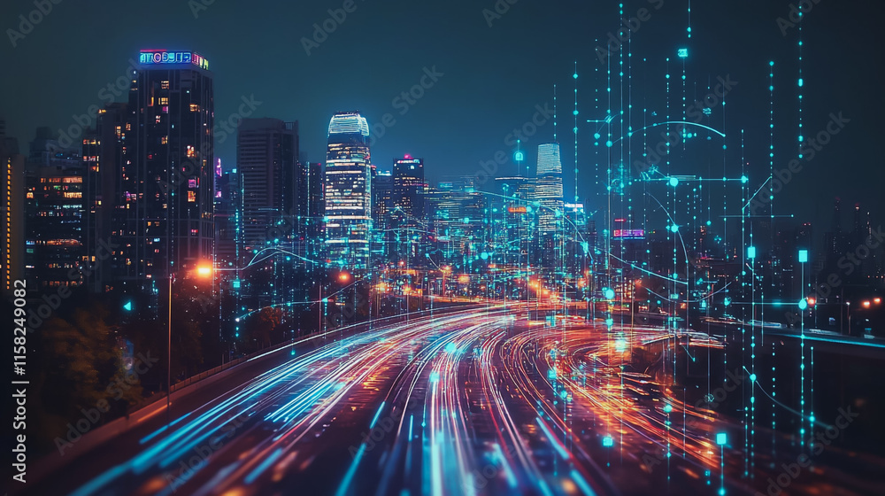 Smart Innovation city with connection cyber security network reciprocity over the night cityscape future wireless digital city and social media networking systems that connects people in the city Smart Innovation city with connection cyber security network reciprocity over the night cityscape future wireless digital city and social media networking systems that connects people in the city