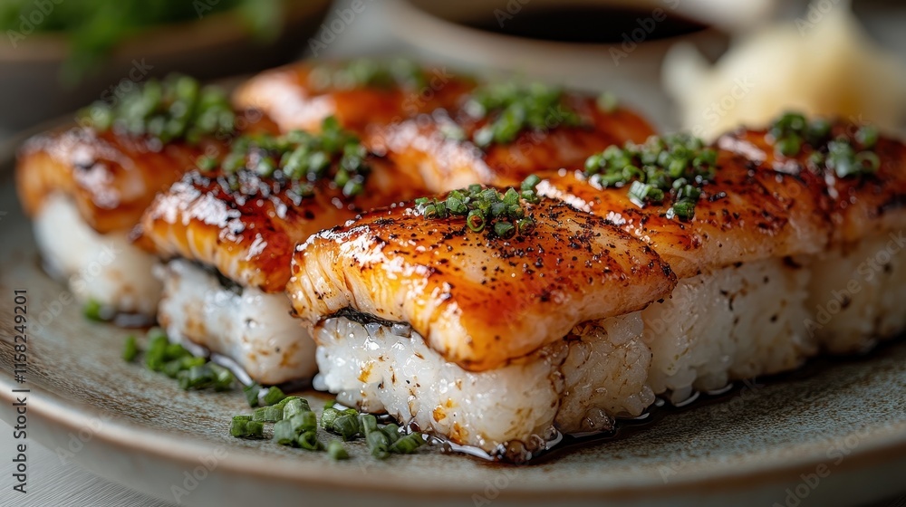 Unagi sushi served with pickled ginger, wasabi, and soy dipping sauce. Unagi sushi served with pickled ginger, wasabi, and soy dipping sauce.