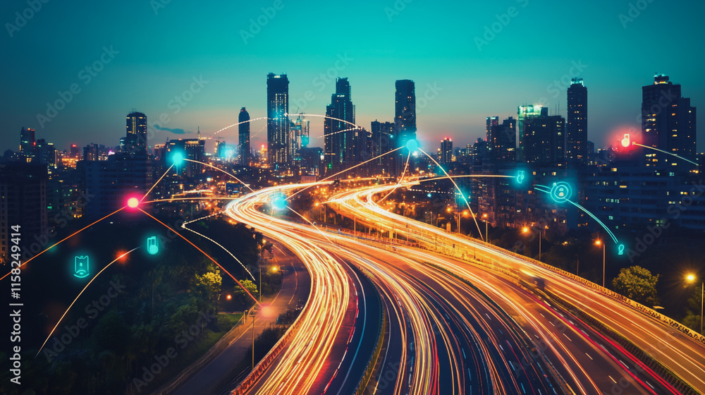 Smart Innovation city with connection cyber security network reciprocity over the night cityscape future wireless digital city and social media networking systems that connects people in the city Smart Innovation city with connection cyber security network reciprocity over the night cityscape future wireless digital city and social media networking systems that connects people in the city