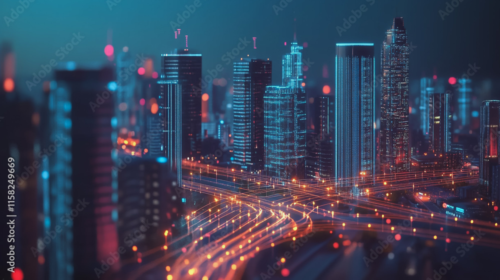 Smart Innovation city with connection cyber security network reciprocity over the night cityscape future wireless digital city and social media networking systems that connects people in the city Smart Innovation city with connection cyber security network reciprocity over the night cityscape future wireless digital city and social media networking systems that connects people in the city