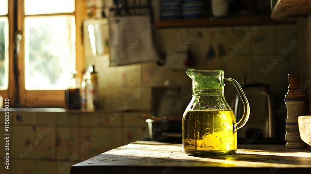 A glass pitcher filled with olive oil sits on a wooden table in a sunlit kitchen.