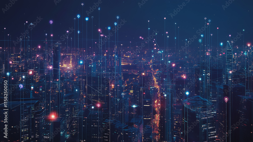 Smart Innovation city with connection cyber security network reciprocity over the night cityscape future wireless digital city and social media networking systems that connects people in the city Smart Innovation city with connection cyber security network reciprocity over the night cityscape future wireless digital city and social media networking systems that connects people in the city