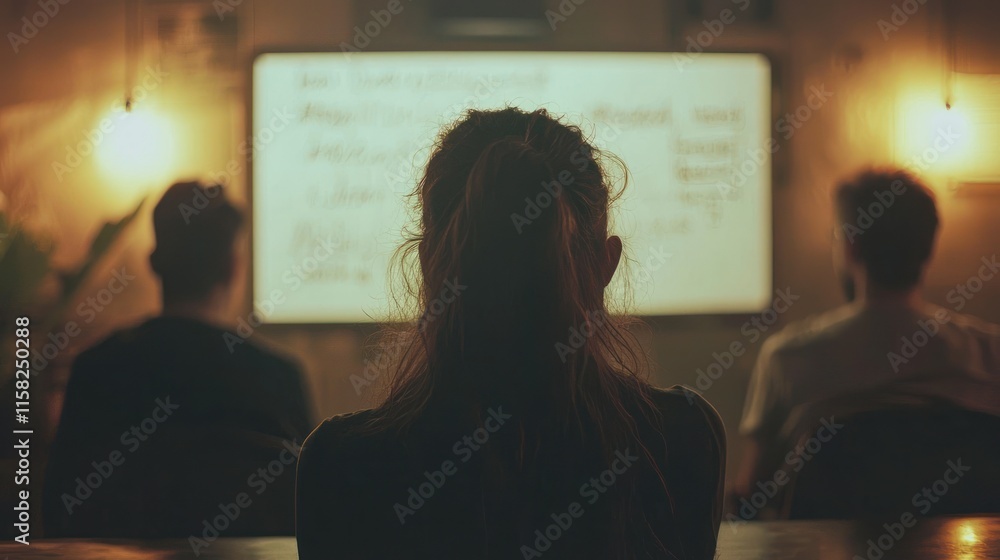 A group of people observing a presentation on a screen in a dimly lit room. A group of people observing a presentation on a screen in a dimly lit room.